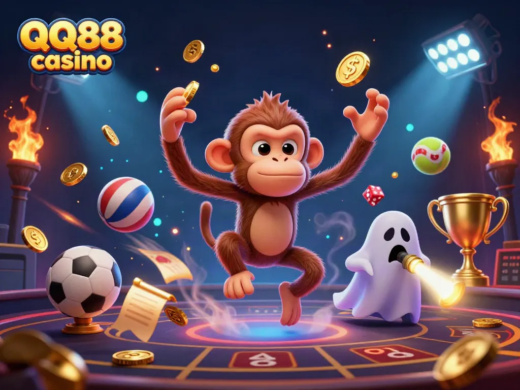Engage in thrilling gameplay at QQ88 casino with a lively illustration featuring dynamic characters and sports elements.