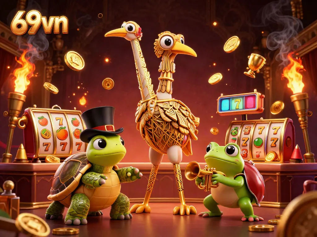 Experience the thrill of 69vn with vibrant 3D casino characters celebrating wins amid golden jackpots and slot reels.
