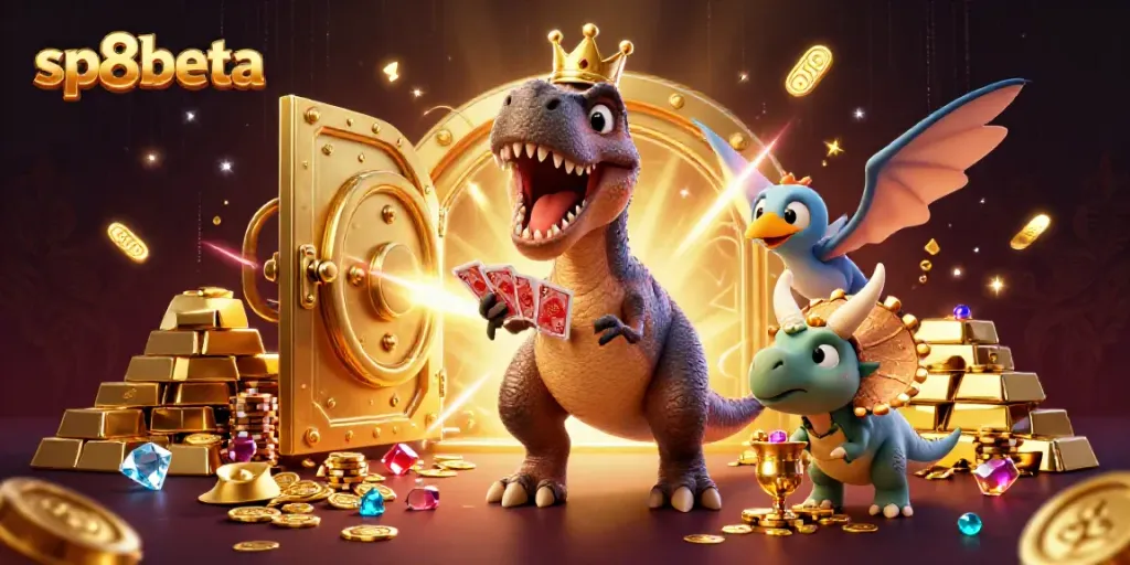 Engage in thrilling games at sp8beta, featuring a vibrant casino scene with playful characters and rich treasures.