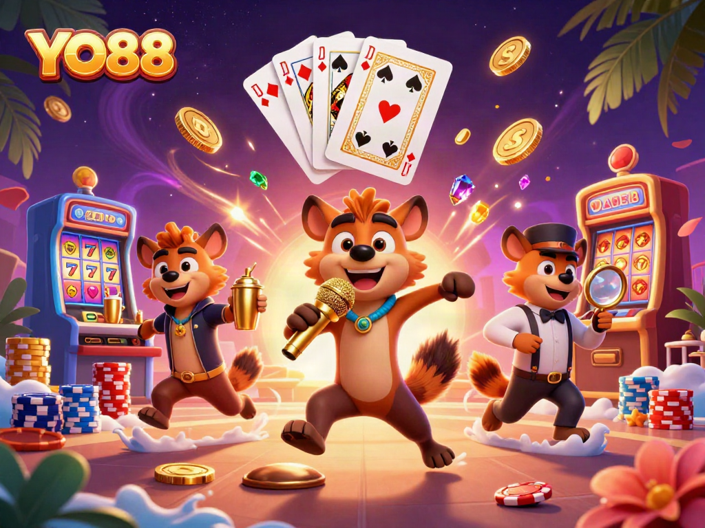 YO88 casino scene featuring dynamic hyena comedians amidst sparkling winnings and lively gaming