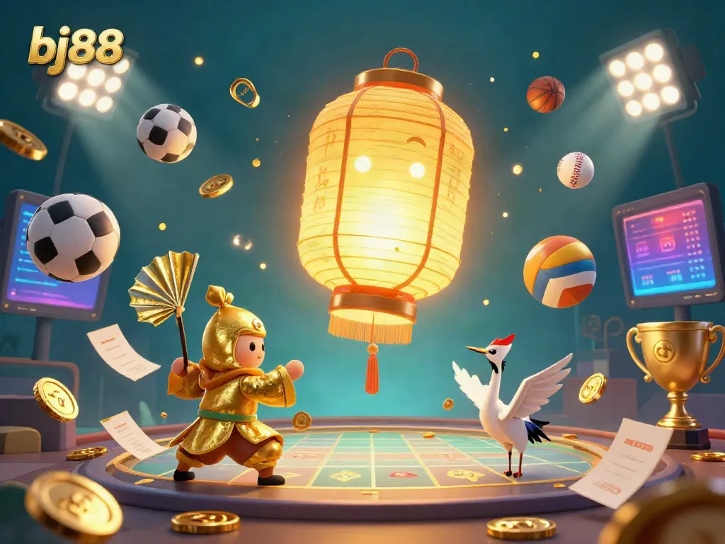 Experience thrilling bets at bj88 with a radiant golden lantern spirit and dynamic sports elements around a vibrant casino scene.