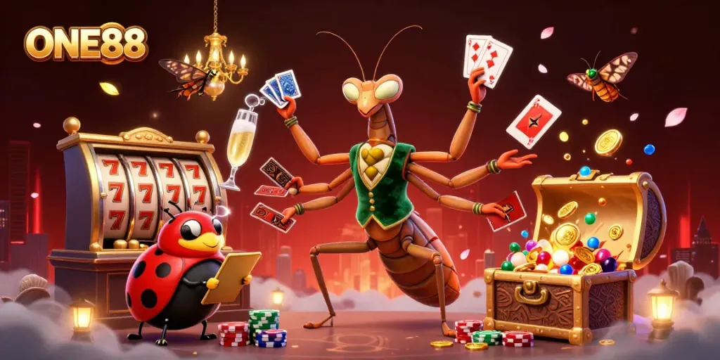 Engage in premium gaming excitement at ONE88's vibrant 3D casino scene with dynamic characters.