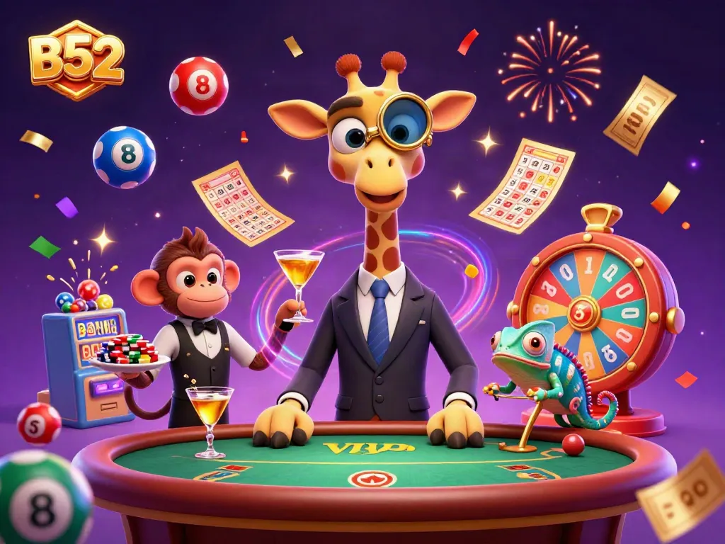 Engage in the vibrant world of B52 gaming with colorful elements and fun characters at the casino.