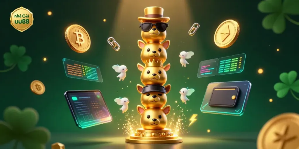 Engage with nhà cái uu88 in this vibrant 3D casino illustration showcasing animated totem poles and crypto coins.