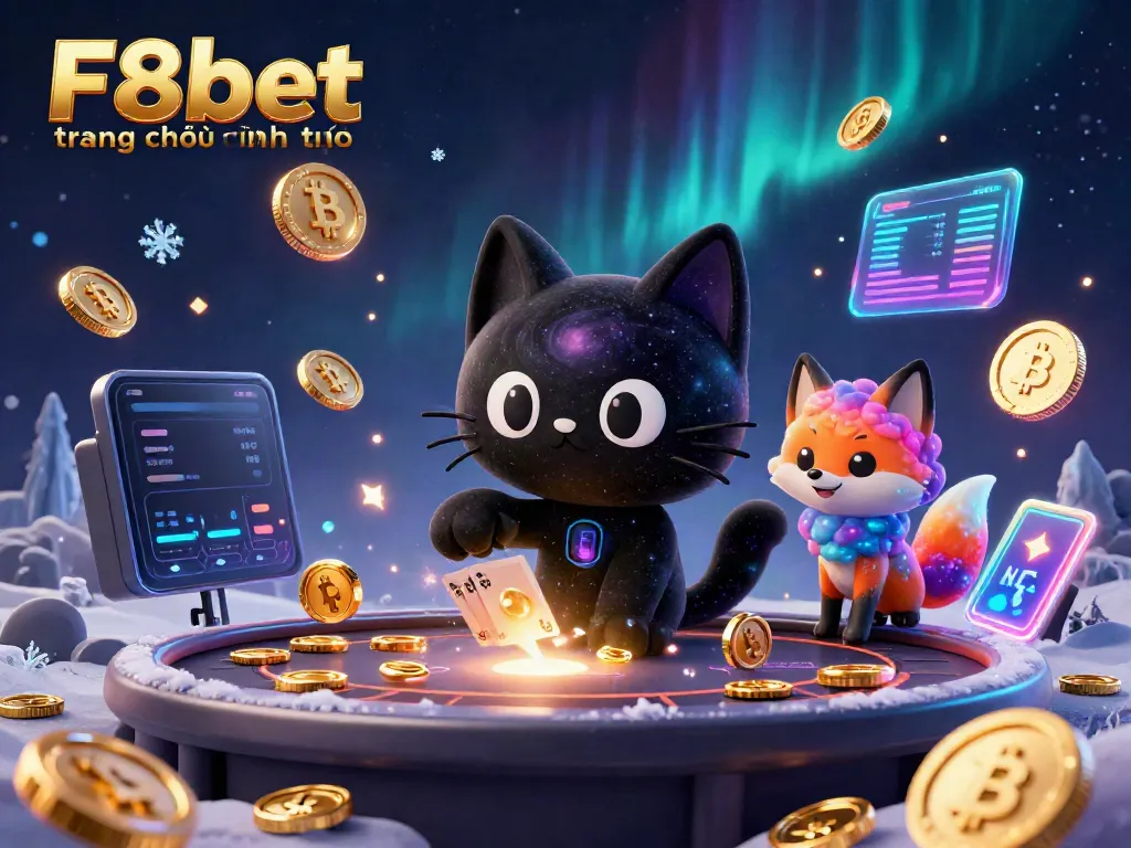 Experience vibrant gaming energy with F8bet trang chủ chính thức, surrounded by dramatic cosmic elements and crypto coins.