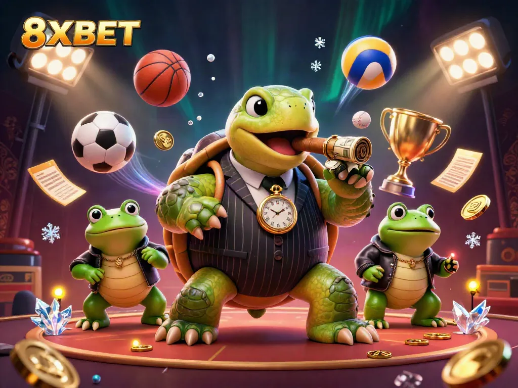 Experience exciting gaming with 8XBET, featuring a charismatic turtle in mobster attire with sports elements.