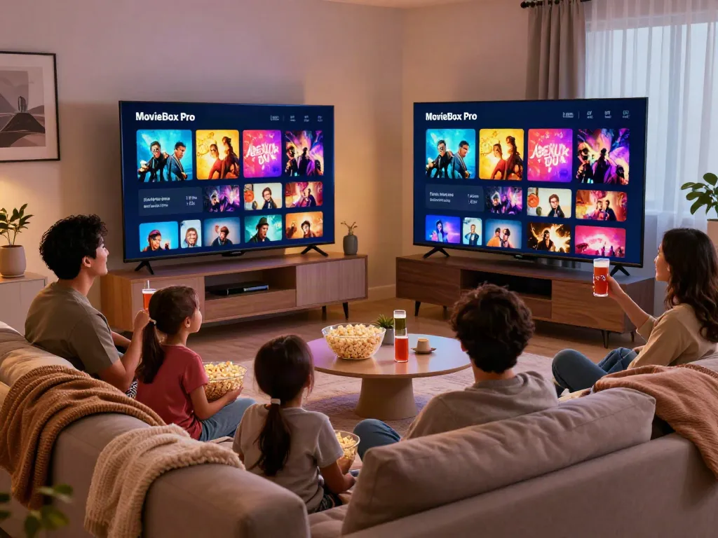 Family enjoying movie night with the MovieBox Pro app at https://mymovieboxproapp.com/ in a cozy living room.