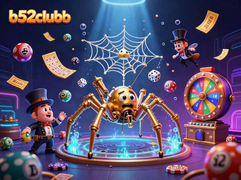 B52clubb showcases a vibrant 3D casino scene with an intricate golden spider web, dynamic lottery balls, and exciting game elements.