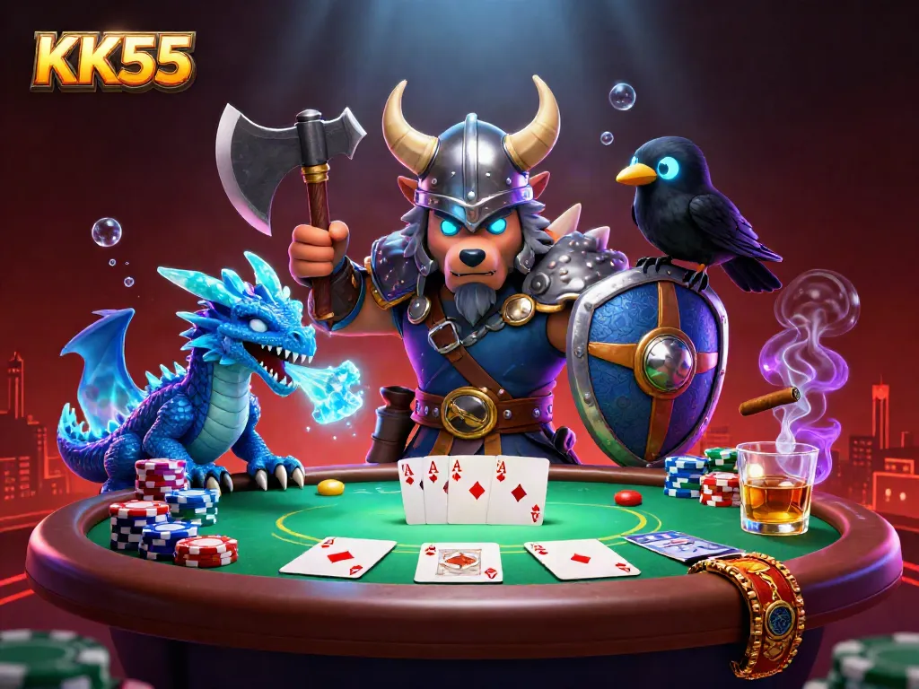 Engage in exciting casino action at KK55 with a Viking wolf warrior, fierce dragon, and colorful poker elements.