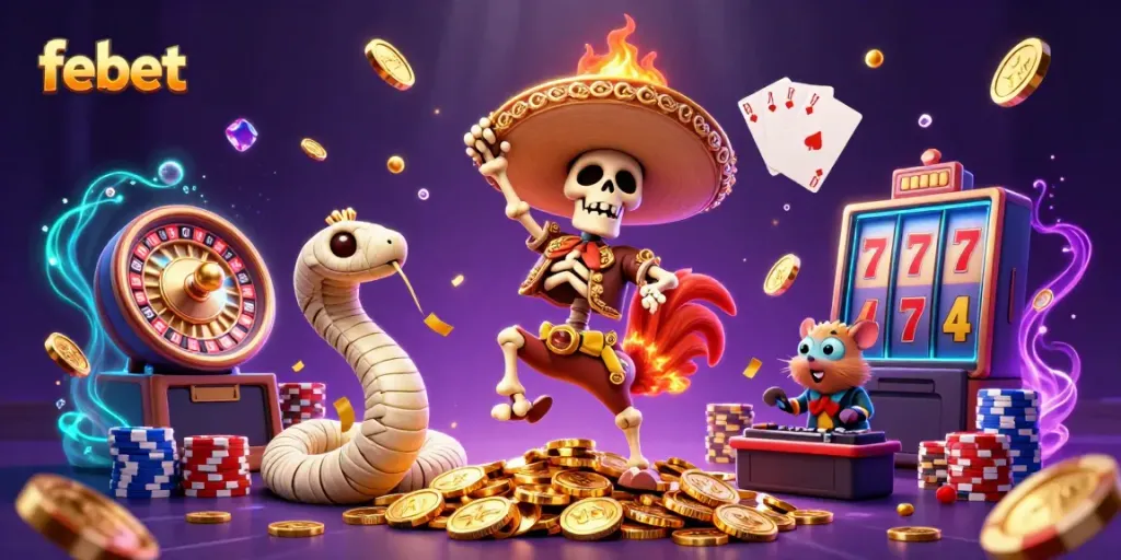 Experience the excitement of febet with a lively 3D casino illustration showcasing characters and vibrant elements.