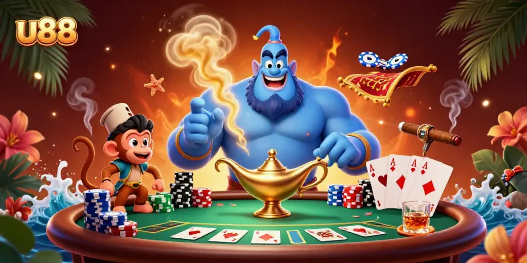 Experience thrilling u88 gameplay with a vibrant casino illustration featuring a blue genie, poker elements, and magic motifs.