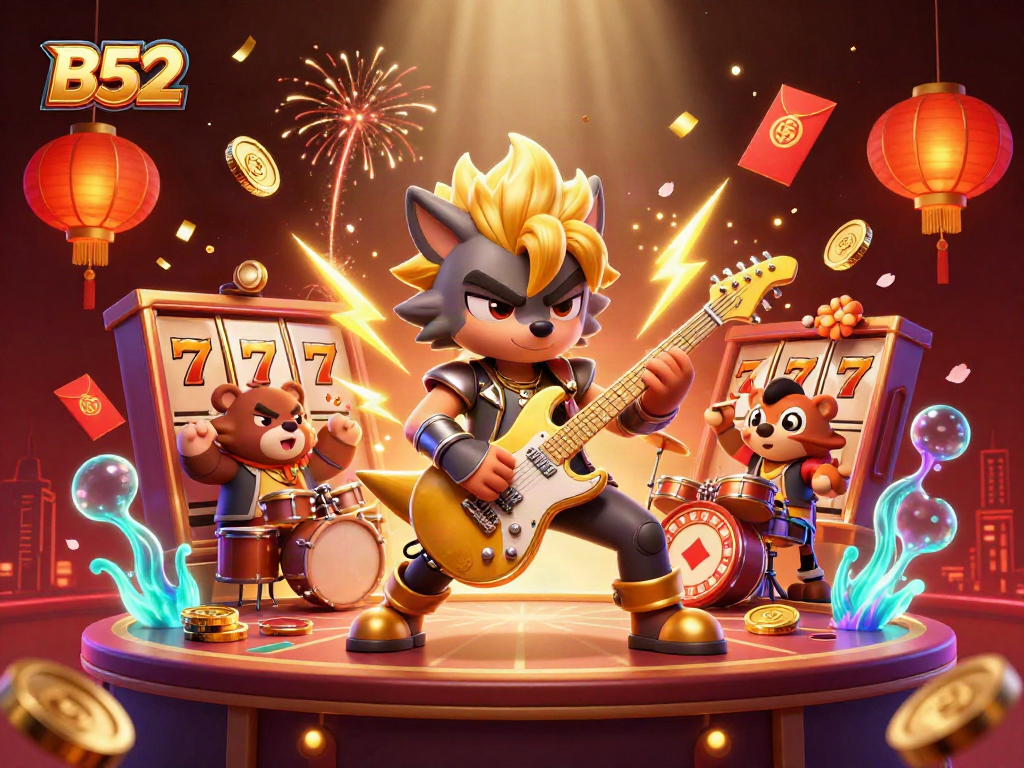 Engage in thrilling B52 slots with a lively 3D scene, showcasing vibrant casino elements.