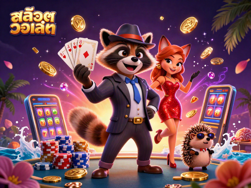 Experience the thrill of สล็อตวอเลท with a suave raccoon character in a rich casino environment featuring vibrant symbols and elements.