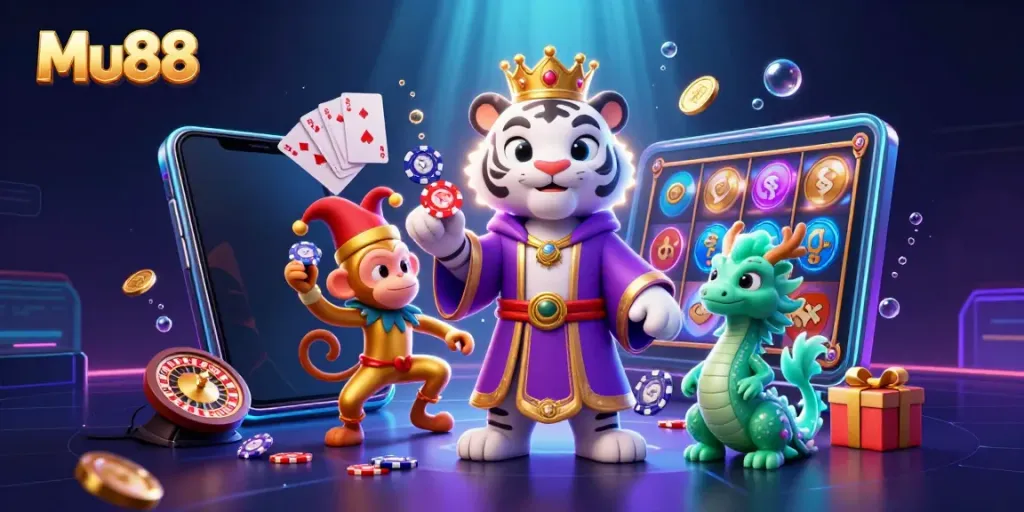 Experience exciting MU88 casino adventures with dynamic characters and gambling elements in this vibrant illustration.