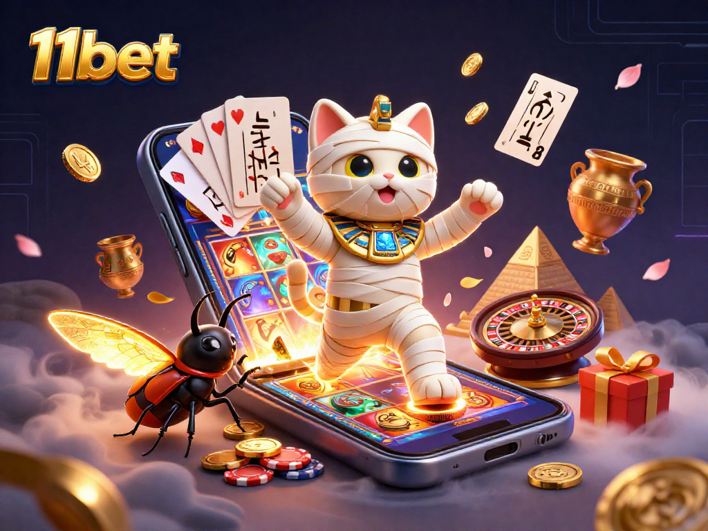 Engage with 11bet's thrilling casino experience through a dynamic mummy-themed illustration.