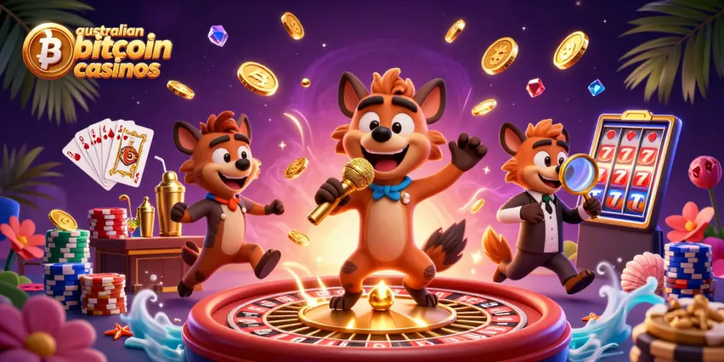 A dynamic scene showcasing australian bitcoin casinos with hyenas in a comedy casino club, highlighting fun gambling elements.