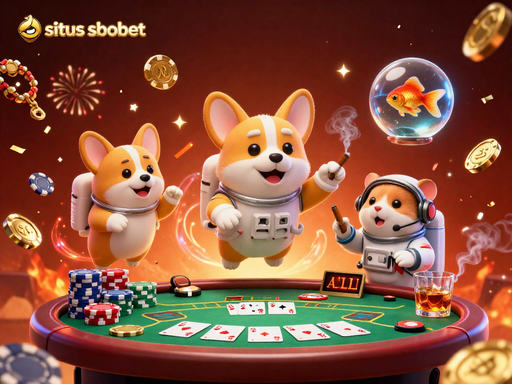 Engage with exciting gaming action at situs sbobet with an astronaut corgi, mission hamster, and floating goldfish in a lively casino scene.