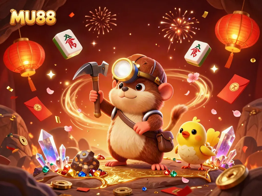 Experience the excitement at MU88 with dynamic treasures and casino elements in a vibrant 3D illustration.