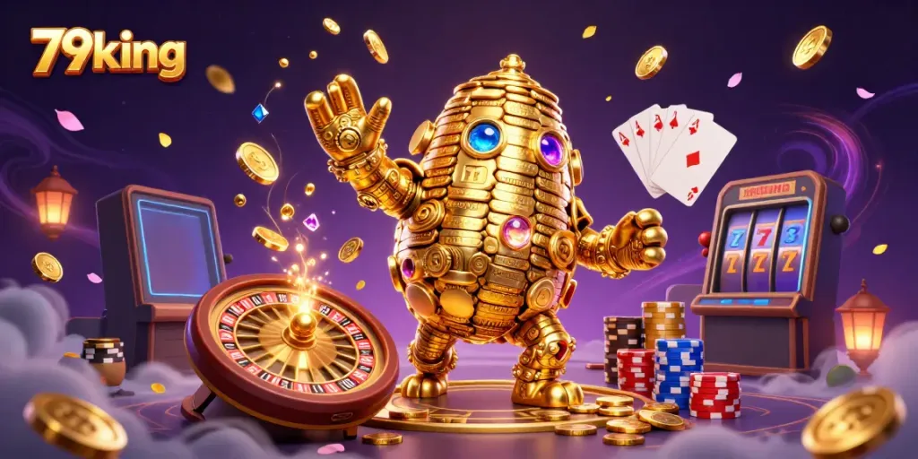 Experience the excitement of 79king with a dynamic golem made of golden coins and vibrant casino elements.