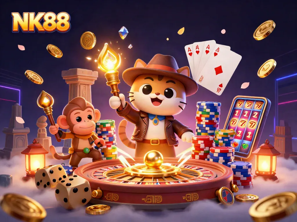 Experience thrilling adventures at NK88 with an archaeologist cat and treasures in a packed casino scene.