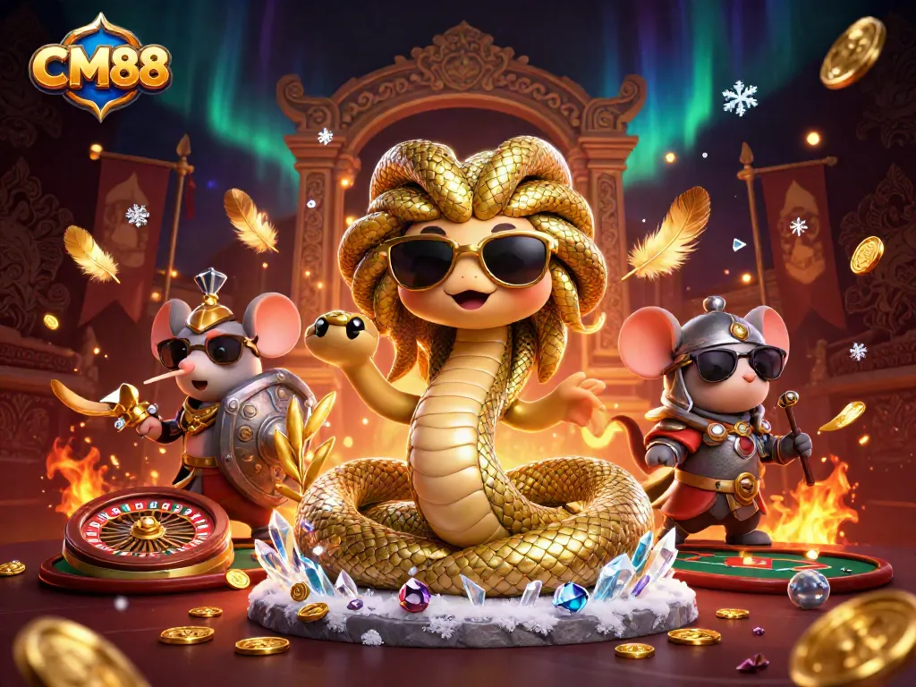 Engage with thrilling CM88 casino games featuring Medusa and a warrior mouse in a dynamic illustration.