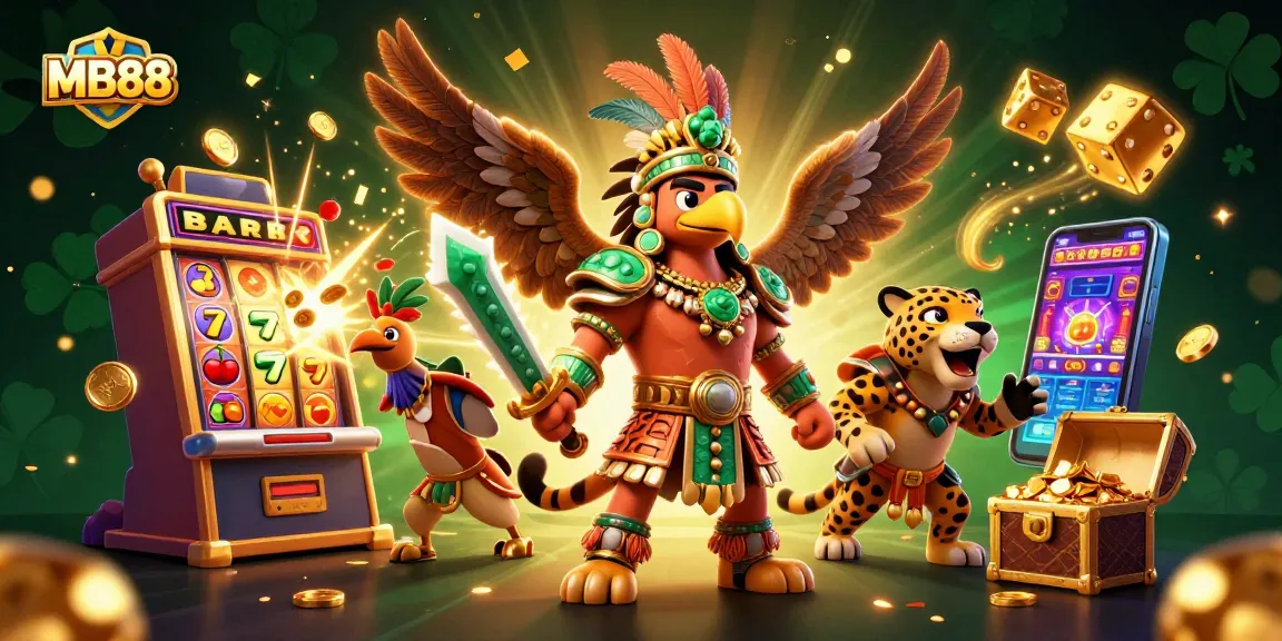 Experience the thrill of MB88 with a vibrant casino scene featuring exciting jackpots and colorful game symbols.